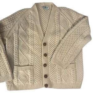 Vintage Emerald Craft Hand Knit Cream Cable Knit Men's XL Cardigan Sweater